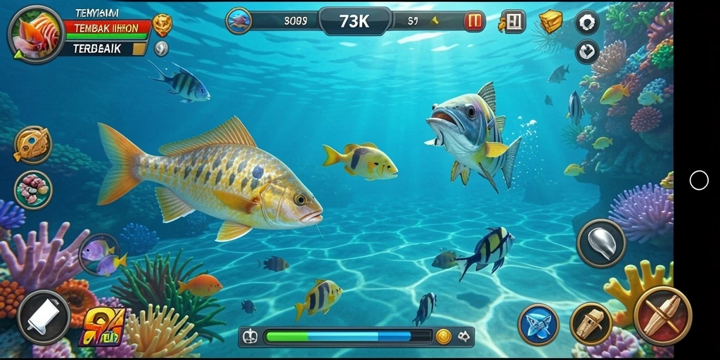 Tampilan gameplay 73K saat menembak ikan di laut.