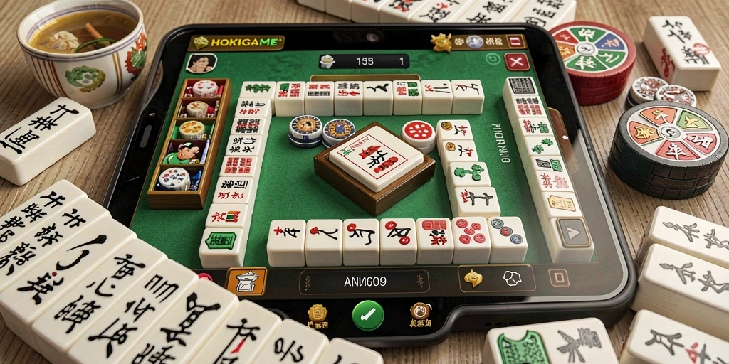 Tampilan gameplay menawan HOKIGAME dengan grafis Mahjong yang menarik.
