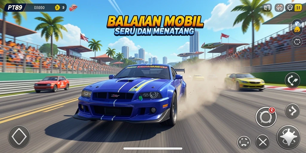 Tangkapan layar PT89 menunjukkan aksi seru balapan mobil.